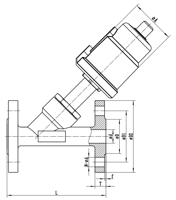 Size 1 For Stainless steel pneumatic Flanged Angle Seat Valve