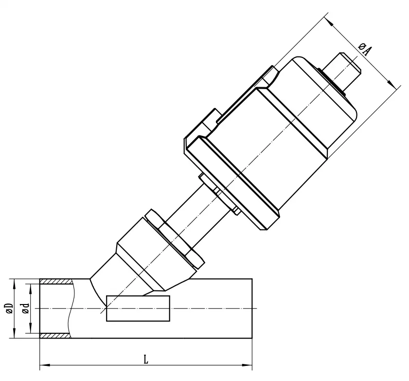 Stainless steel pneumatic welded angle seat valve size 1